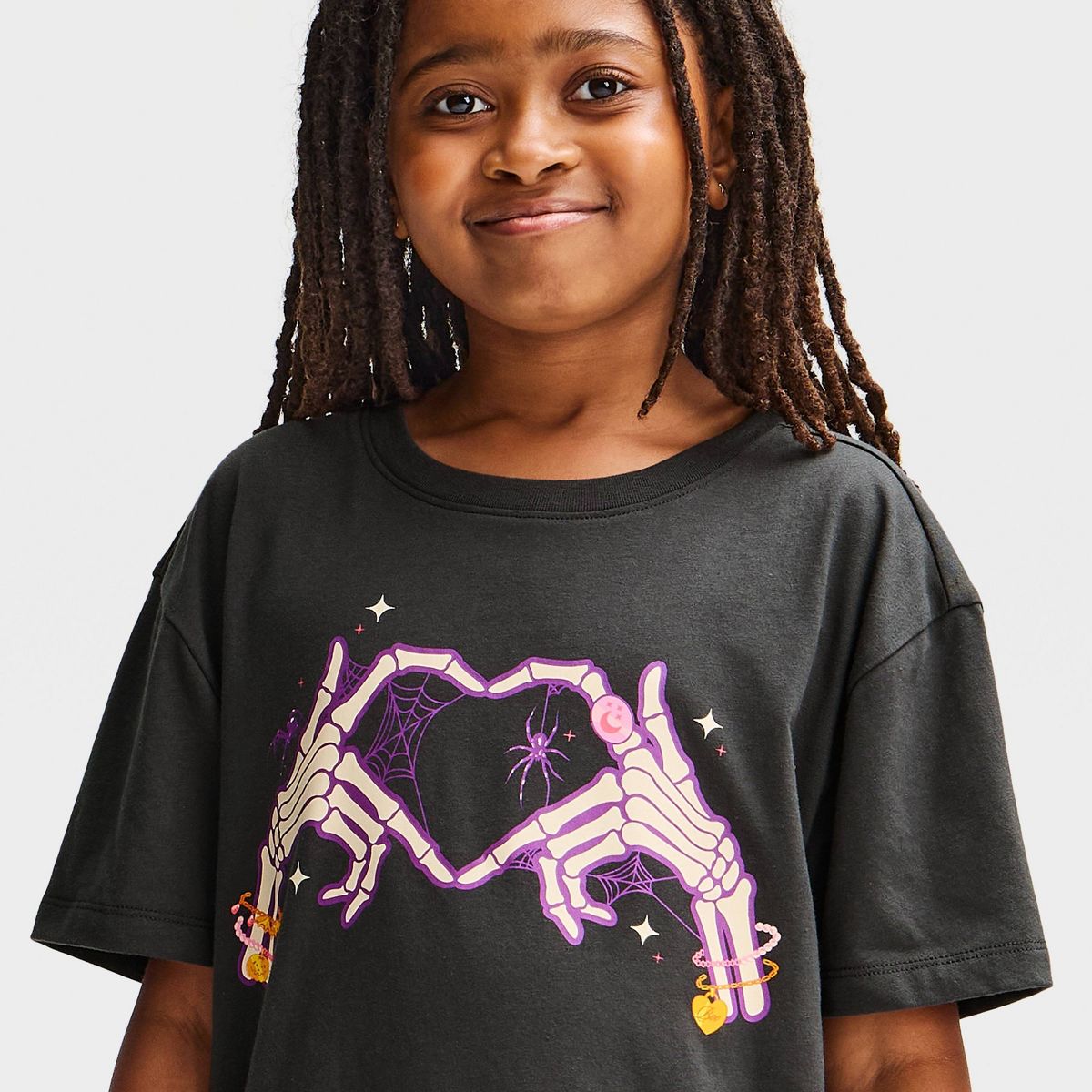 Girls' Halloween Heart Skeleton Hands Oversized Graphic T-Shirt - Charcoal Gray - thumbnail 2
