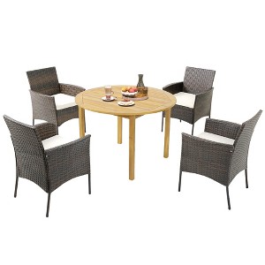 Tangkula 5 PCS Patio Dining Set Round Acacia Wood Table 4 Cushioned Wicker Armchairs - 1 of 4
