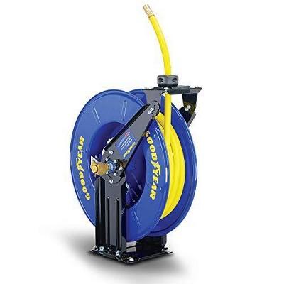 Goodyear Industrial Retractable Air Hose Reel - 3/8" x 50' Ft, 300 PSI Max, 1/4" NPT Connections, Dual Arm