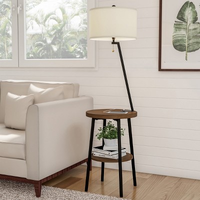 Hastings Home 2-Tier End Table Floor Lamp With USB Port - Dark Brown, Matte Black, Off-White