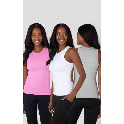 90 Degree By Reflex Womens 3 Pack Seamless Ribbed Tri Color Full Length  Tank, - Cyclamen/Heather Grey/White - Small