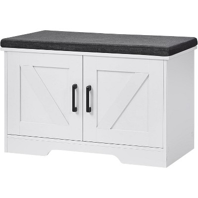 2-Tier Storage Bench with Padded Seat & Barn Doors - Entryway Shoe Organizer with Adjustable Shelf, Functional and Stylish
