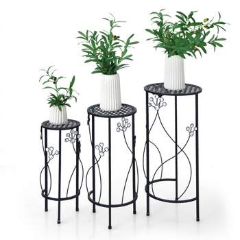 Tangkula 3 Pieces Metal Plant Stand Flower Pots Display Rack with Crystal Floral Design for Garden Round