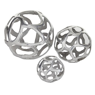 Set of 3 Polished Silver Metal Decorative Orbs