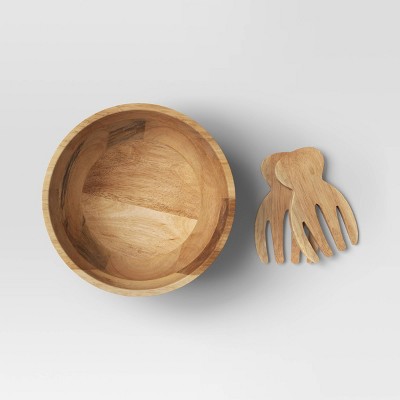 3pc Wood Salad Bowl Set with Utensils - Thumbnail 3