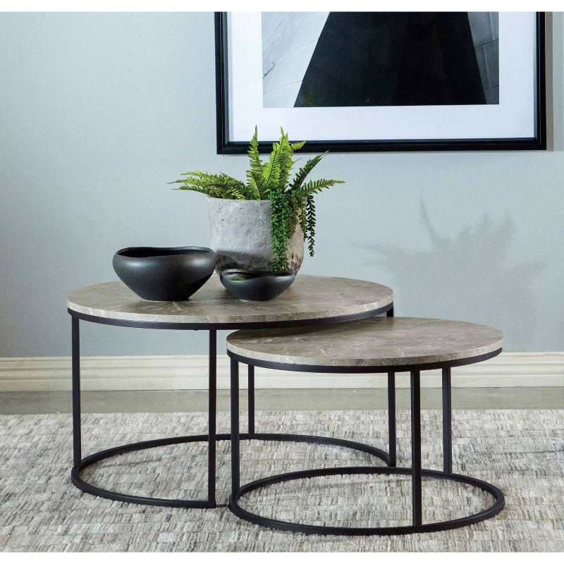 2pc Lainey Round Nesting Coffee Table Set with Faux Marble Top Gray/Black - Coaster, 3 of 6