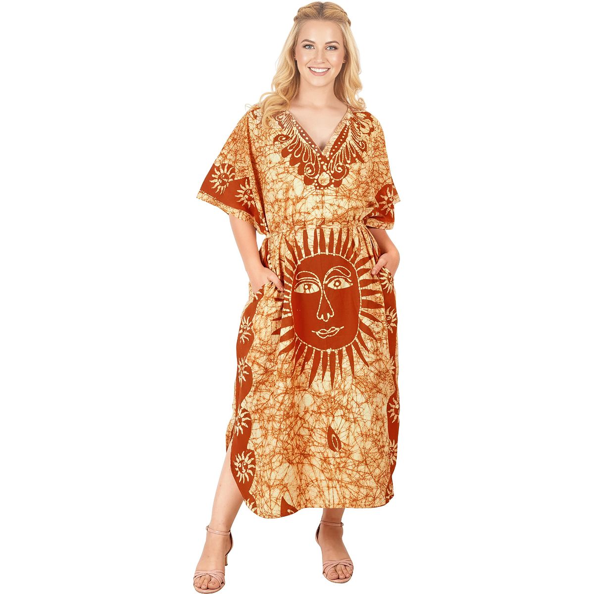 LA LEELA Summer Cotton Relaxed Fit Caftan Dress for Women Resortwear Cruise Vacation Holiday Pregnancy Wear 2X-3X Orange Sun