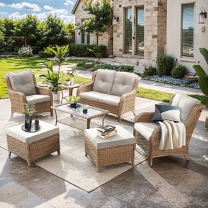 Gymojoy 7 Piece Outdoor Wicker Loveseat Sofa with Patio Chairs with Coffee Table and Ottoman Sets - 1 of 4