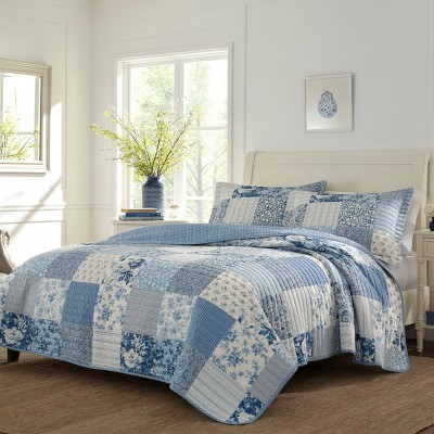 Blue Cotton Twin Reversible Patchwork Quilt Set