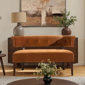 Kumasinova Mid-Century Modern Velvet Upholstered Ottoman Bench, Entryway Bench/Bed Bench, Recessed Arms & Split Back, Roll Arm Tufted Bench Settee - 1 of 4