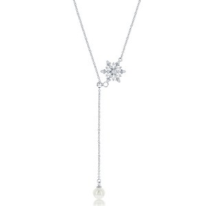 Bella Silver Sterling Silver 6mm FWP, Baguette CZ Snowflake Adjustable Necklace - Silver - 16+2 Inch - 1 of 2