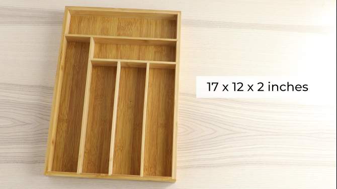 Juvale Bamboo Silverware Drawer Organizer, Wooden Cutlery Tray Holder for Kitchen, Flatware & Utensil Storage with 6 Slots, 17 x 11.75 x 1.75 Inches, 2 of 10, play video