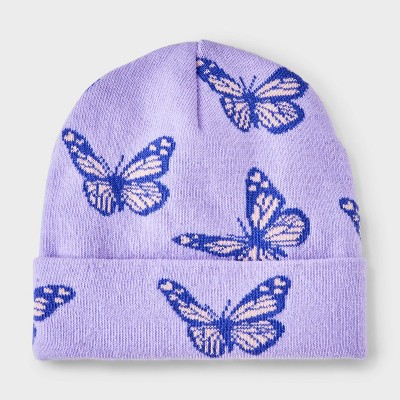 Girls' Flat Knit Butterfly Intarsia Beanie Hat - Cat & Jack™ Lavender 4-14