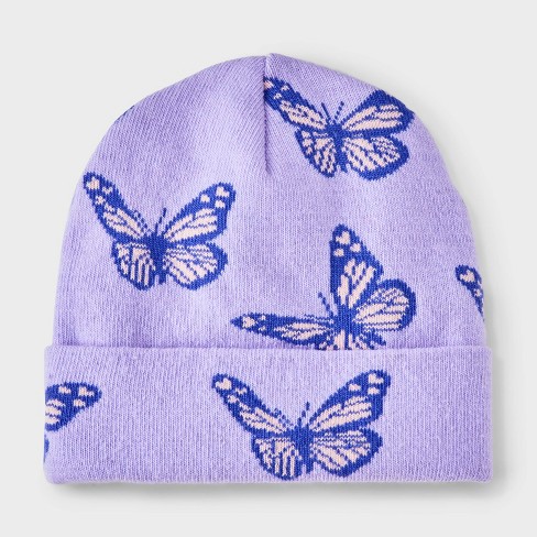 Girls' Flat Knit Butterfly Intarsia Beanie Hat - Cat & Jack™ Lavender 4-14 - image 1 of 3