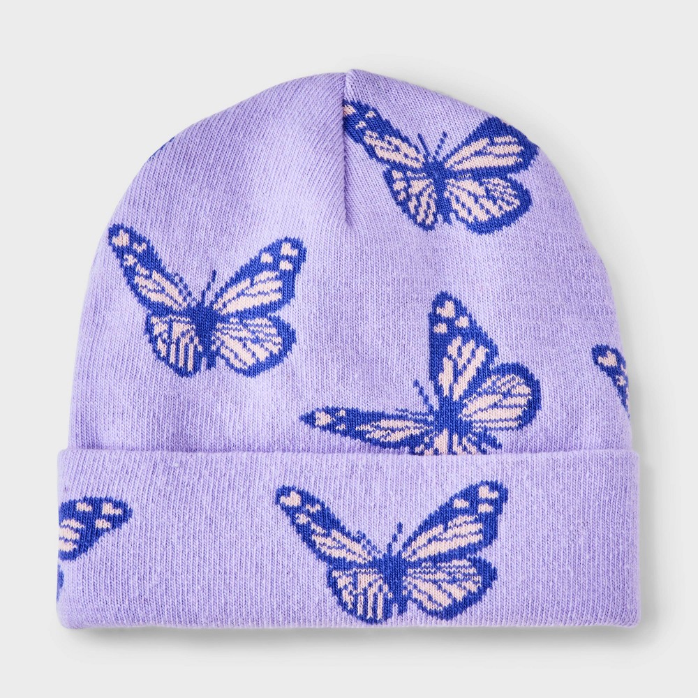 Girls' Flat Knit Butterfly Intarsia Beanie Hat - Cat & Jack™ Lavender 4-14