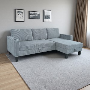 Modern Corduroy Convertible L-Shaped Sleeper Sectional Sofa with USB - 1 of 4