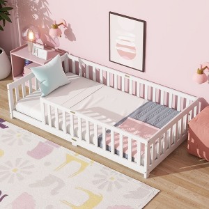 Sapphtopaz Kids Bed Frame, Rubber Wood Floor Bed with Safety Guardrails for Toddlers & Kids' Bedrooms (Twin/Full Size) - 1 of 4