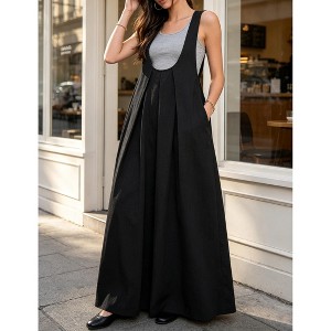 Women Deep U Neck Wide Strap Maxi Overalls Dress Jumper Dress with