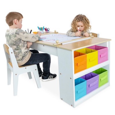 Natural Wood and White Kids Art Table with Storage Bins