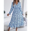 Coolmee Women Boho Floral Waist Smocked Cross V Neck Ruffled Long Sleeve Casual A-Line Midi Dress - 4 of 4