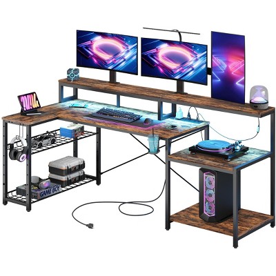 Bestier 71.5" W LED Gaming Desk with Power Outlet, L-Shaped Computer Desk with Monitor Stand