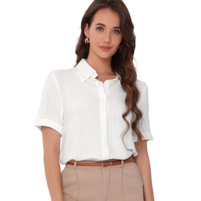 INSPIRE CHIC Women's Summer Button Down Causal Short Sleeve Turn Down Collar Work Shirt