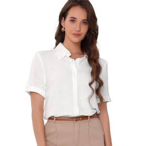 INSPIRE CHIC Women's Summer Button Down Causal Short Sleeve Turn Down Collar Work Shirt - 1 of 4