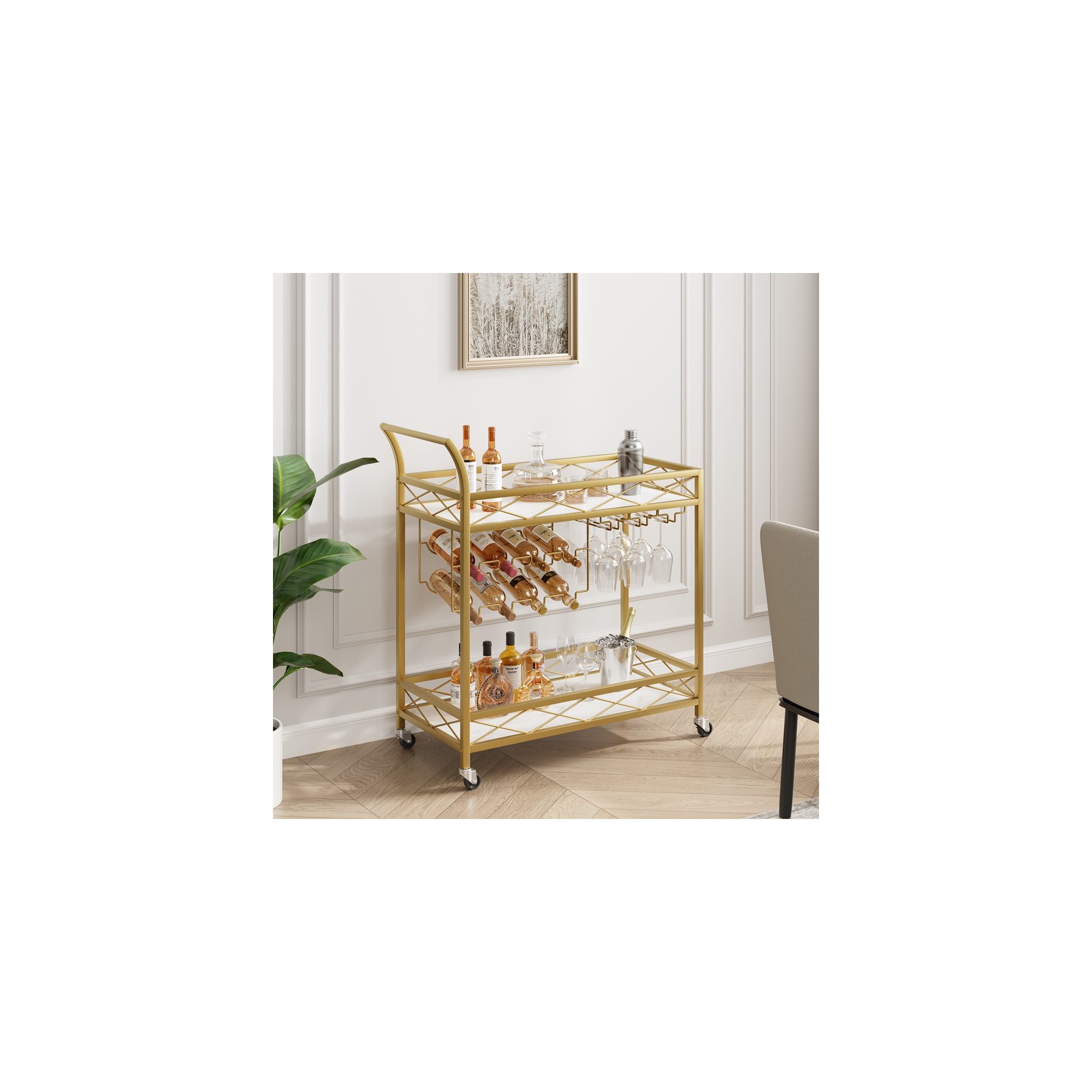 Gold Bar Cart with 2-Tiers Storage Shelves