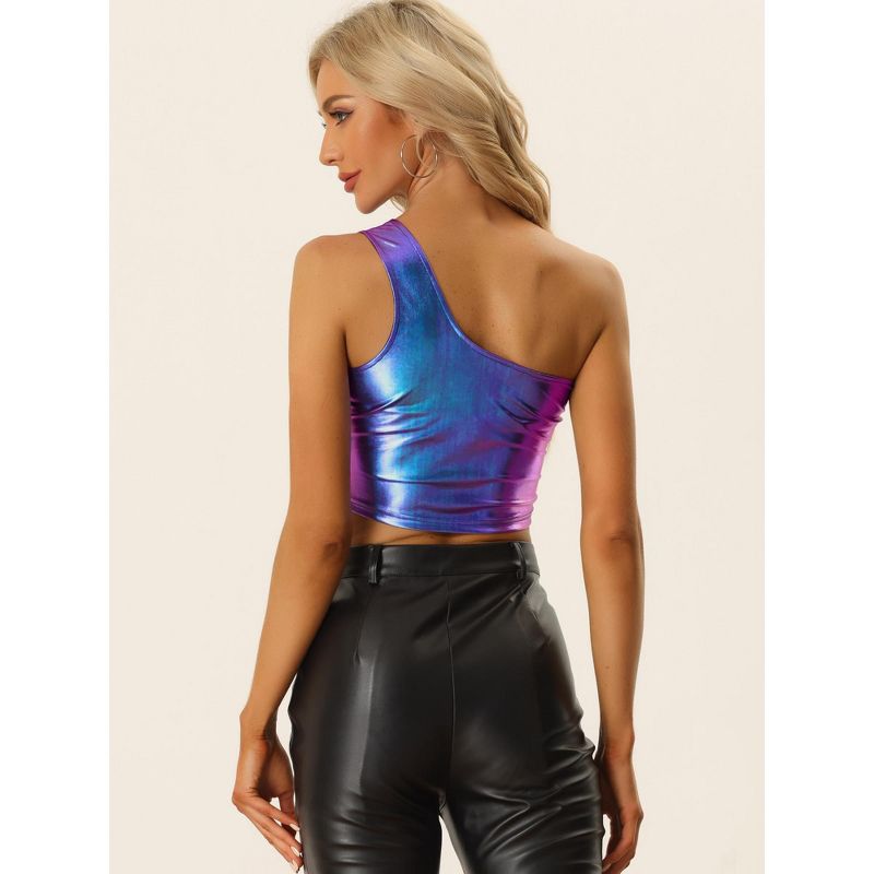 Allegra K Women's Metallic Cropped One-Shoulder Party Cropped Holographic Tank Tops, 3 of 6