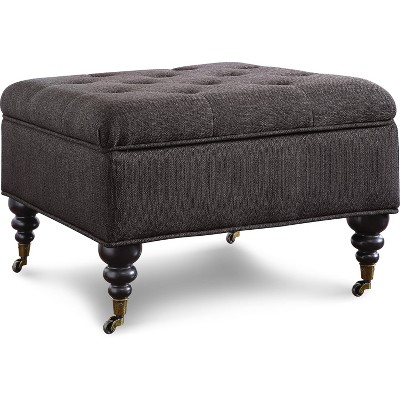 Charcoal Tufted Storage Ottoman with Turned Wood Legs