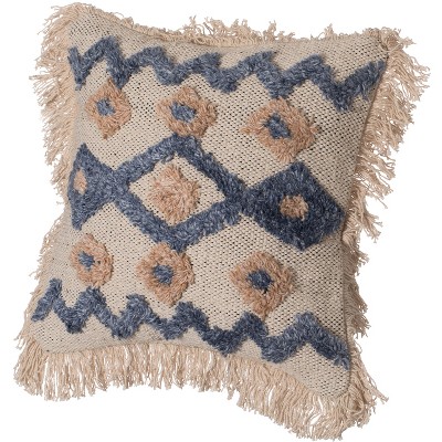 16" Handwoven Cotton & Silk Throw Fringed Pillow Cover Embossed Zig Zag & Crossed Lines Design
