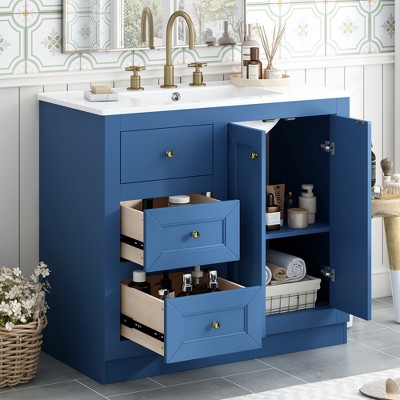 36" Single Sink Bathroom Vanity With Ceramic Basin Sink Top, Freestanding Vanity With 2 Drawers And 2 Doors