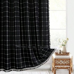Black Boho Farmhouse Shower Curtain with Tassels, Rustic Cottagecore Aesthetic, Thick Waffle Textured Fabric, 72x72 Inch - 1 of 4