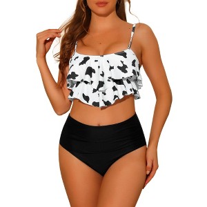Elerevyo Women's Tankini Cow Print Ruffled Tank Top Tummy Control Swimwear High Waisted Bikini 1 Set - 1 of 4