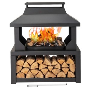 32 In Square Black Wood Burning Fire Pit With Wood Storage : Target
