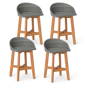 Costway Outdoor Faux Rattan Bar Chairs Set of 2/4 Solid Acacia Wood Bar Stools for Porch Brown/Gray - 1 of 4