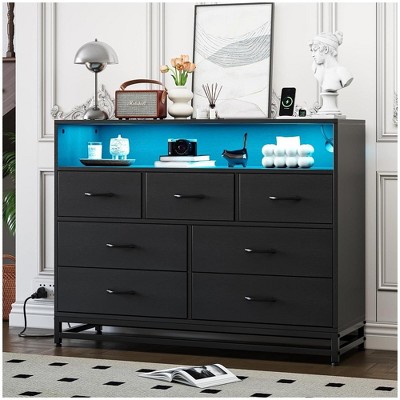 Modern White 7-Drawer Dresser with Charging Station and LED Lights - Large Capacity Storage Chest for Bedroom