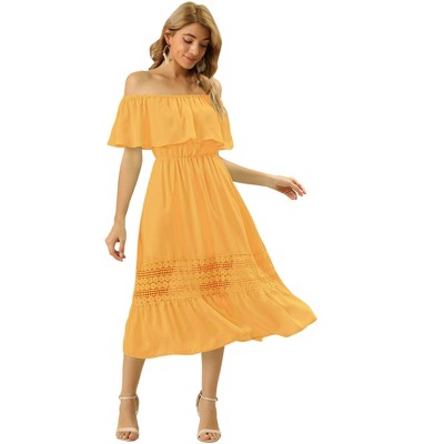 Allegra K Women's Off Shoulder Ruffle Lace Insert High Waist Short Sleeve Flowy Maxi Dress