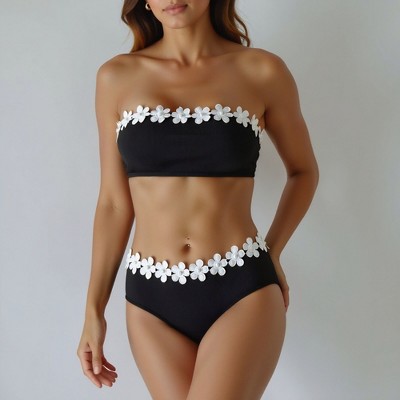 Knit & Lounge Women’s Bandeau Bikini Set 3D Daisy Applique High Waist Floral Swim Two Piece Strapless Swimsuit