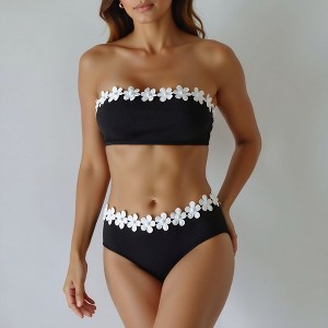 Knit & Lounge Women’s Bandeau Bikini Set 3D Daisy Applique High Waist Floral Swim Two Piece Strapless Swimsuit - 1 of 4
