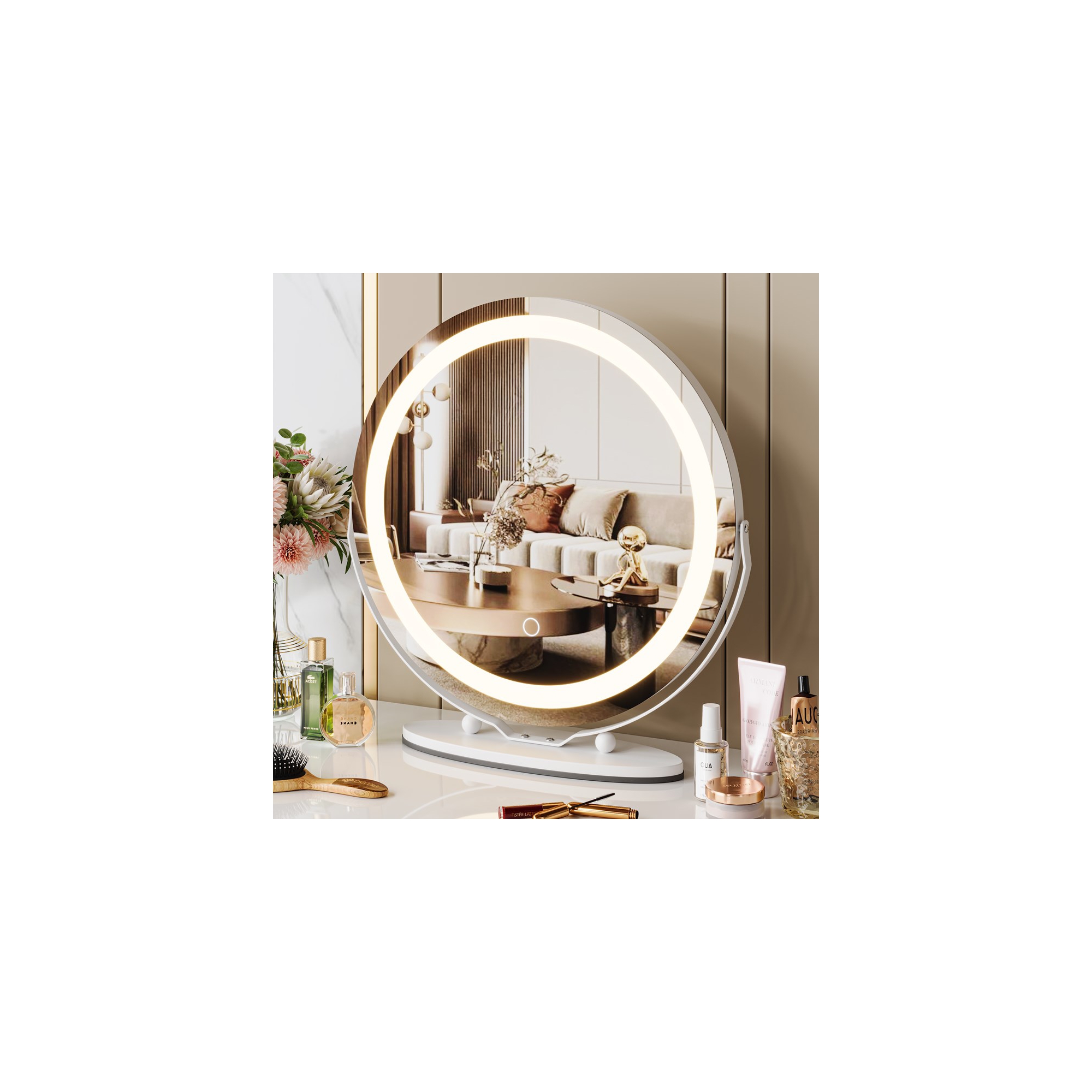 19 Inch Round Vanity Mirror with Lights - White LED Round Mirror, Dimmable 3 Colors, Smart Touch Control, 360° Rotation for Bedroom Tabletop