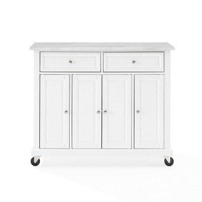 Avery Distressed White Kitchen Island Cart with Faux Marble Top