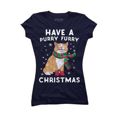 Junior's Design By Humans Have A Purry Furry Christmas Cat By Freshoutlook T-Shirt