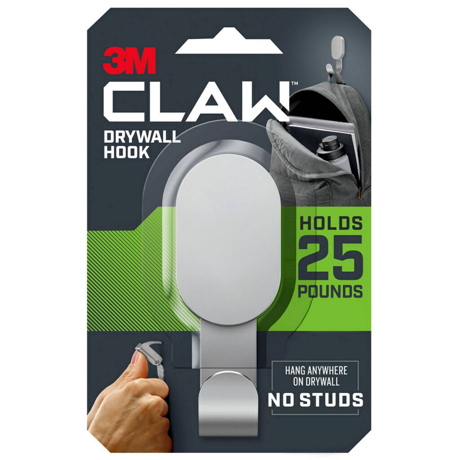 3M Claw 25lb Hanging Hooks Kit - Silver: Steel Adhesive Hook, 6.7" Height, 4.3" Width, 1.1" Length
