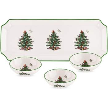 Spode Christmas Tree Rectangular Tray with Dipping Bowls, 4 Piece Dip Set Includes Tray and 3 Dip Bowls for Sauce, Nuts, Candy and Condiments