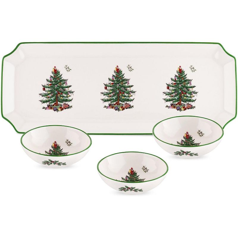 Spode Christmas Tree Rectangular Tray with Dipping Bowls, 4 Piece Dip Set Includes Tray and 3 Dip Bowls for Sauce, Nuts, Candy and Condiments, 1 of 4