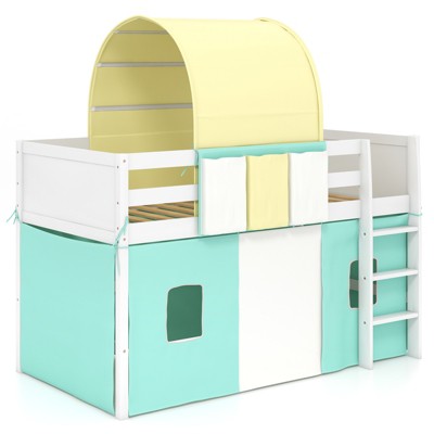 Tangkula Twin Size Loft Bed Playhouse Bed Frame with Tower Tent 3 Storage Pockets Solid Wood Ladder Turquoise /Navy