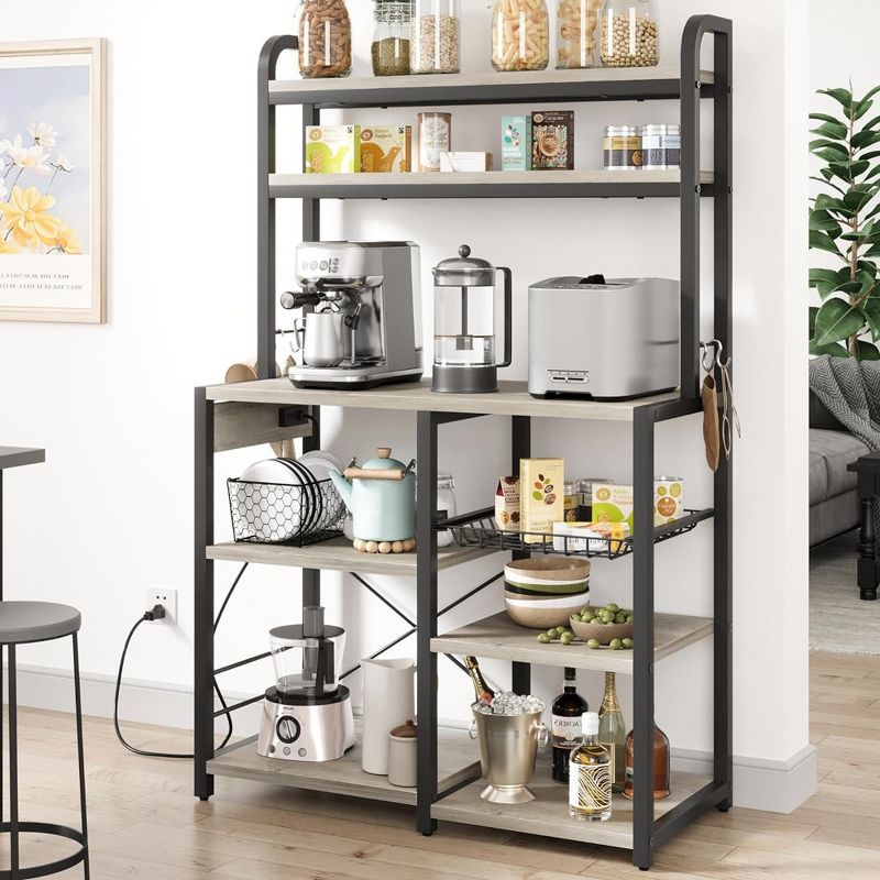 Bakers Rack with Power Outlet, Large Kitchen Baker Rack with Wire Basket, Microwave Stand with Storage Shelves, 6-Tier Utility Storage Shelf, 3 of 8