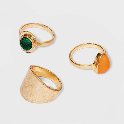 Worn Gold Semi-Precious Turquoise &#38; Aventurine Trio Ring Set 3pc - Universal Thread&#8482; Green/Orange 7