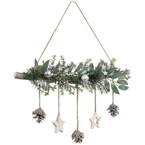 Northlight Glittered  Holly Branch with Stars and Pinecones Christmas Wall Decoration - 20.75" - Silver - 1 of 4